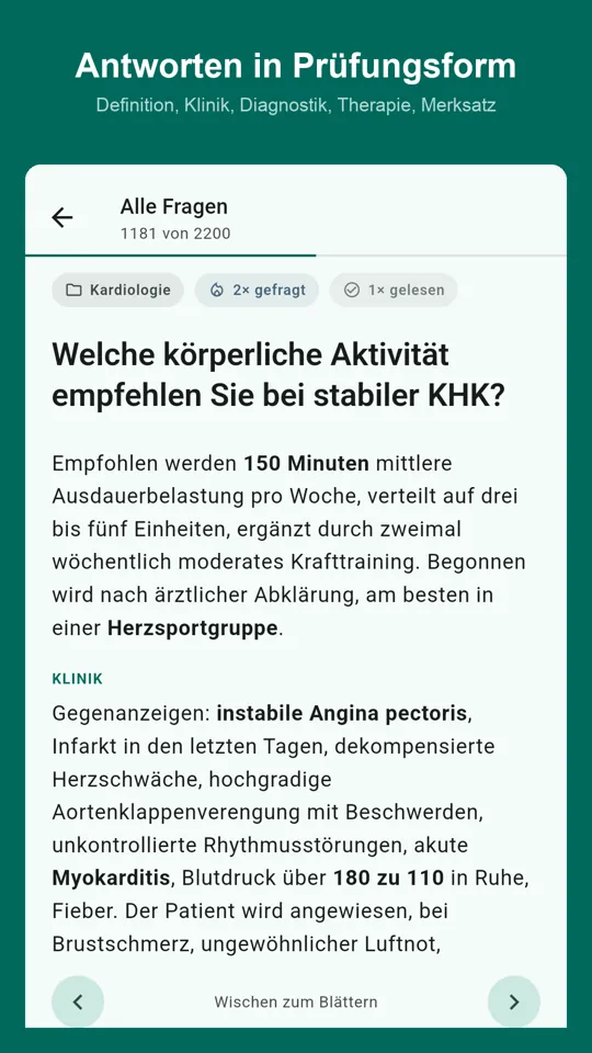 Eine Antwort in der App, gegliedert in Definition, Klinik, Diagnostik, Therapie und Merksatz