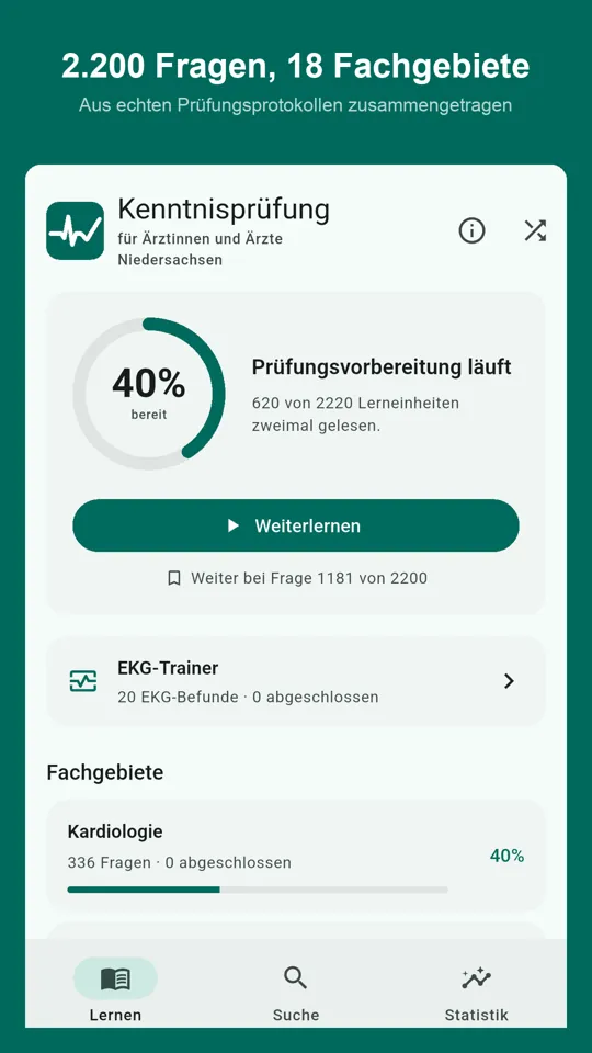 Startbildschirm der App mit den 18 Fachgebieten und dem Lernfortschritt